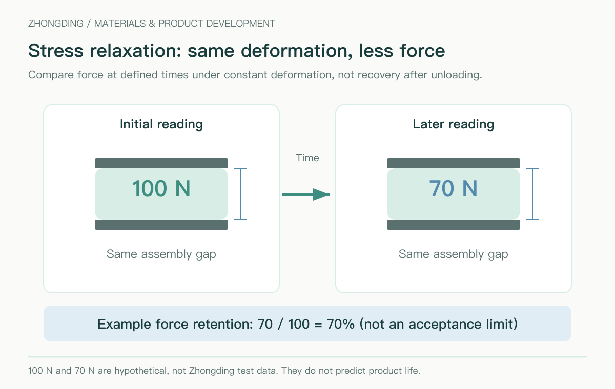 Stress relaxation in a fixed gap, illustrated with hypothetical forces of 100 N and 70 N