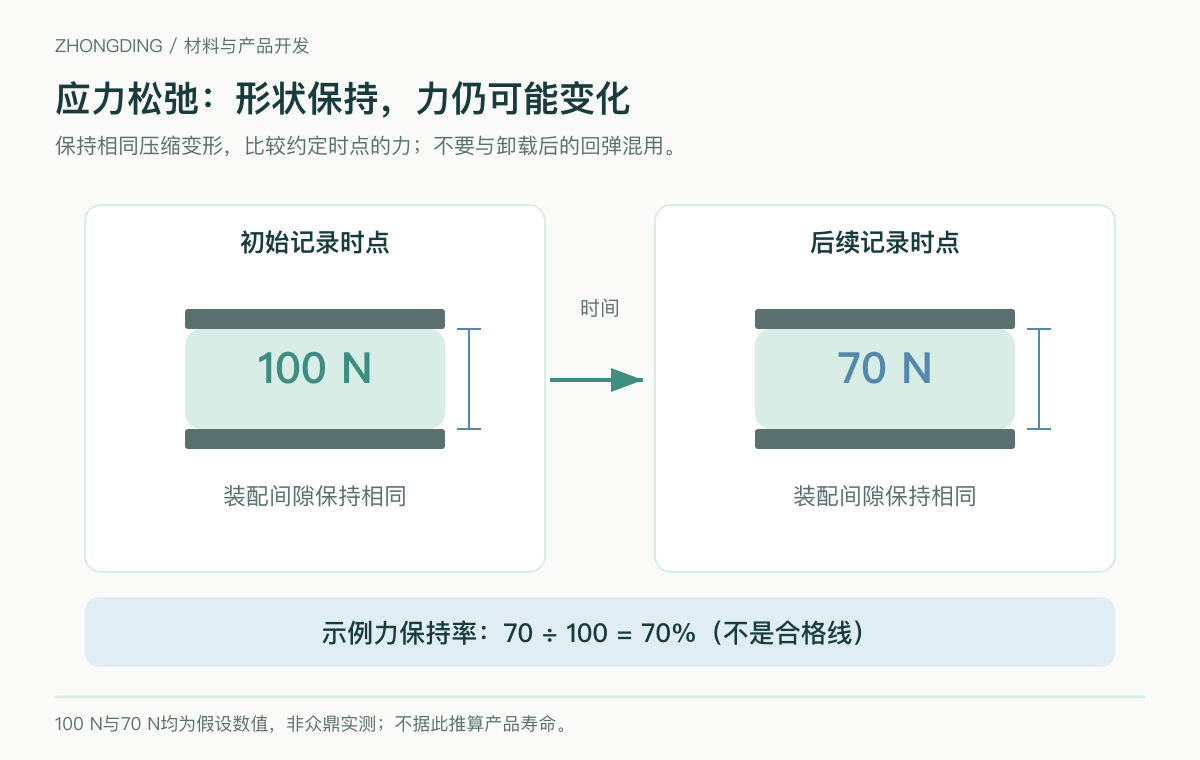 固定压缩间隙下假设力从100牛变为70牛的应力松弛示意